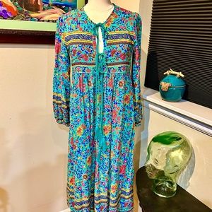 R. Vivimos Turquoise Floral Print Jersey Midi Smock Dress - sz S